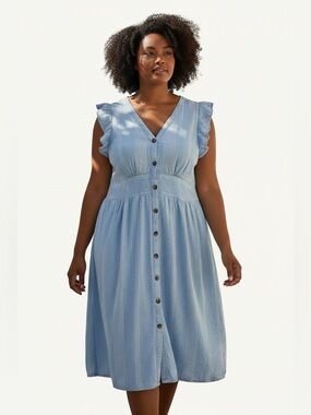 Time and Tru Linen Blend Flutter Sleeve Midi Dress Light Blue Button Front XXL